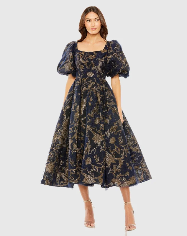 Puff Sleeve Brocade Midi Dress with Pockets Comfortable Empire Waist Midi Dress