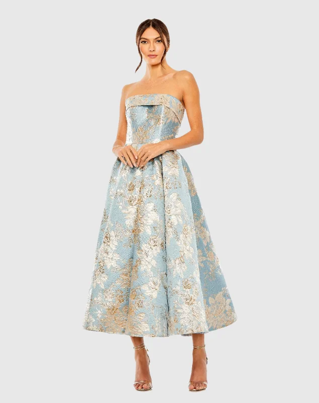 Strapless Brocade Midi Dress with Pockets Trendy Square Neck Midi Dress