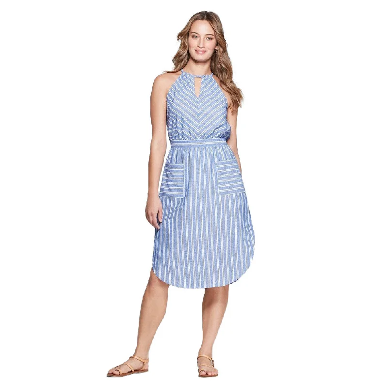 Women's Striped Sleeveless High Neck Midi Dress,Blue Fashionable Casual Midi Dress