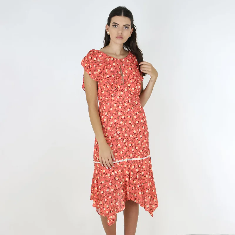 Women's Ruffled Floral Casual Midi Dress,Coral Stylish Button-Up Midi Dress