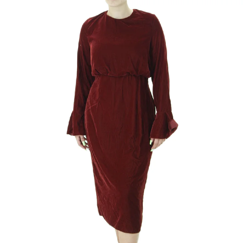 Women's Plain Velvet Midi Dress,Burgundy Trendy Floral Wrap Midi Dress