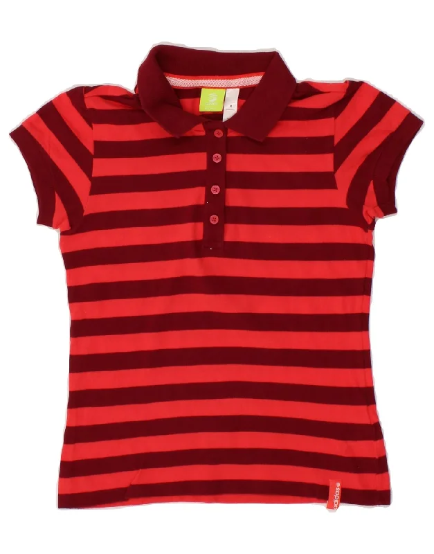 ADIDAS Womens Polo Shirt UK 12 Medium Red Striped Cotton Comfortable Short Sleeve Blouse