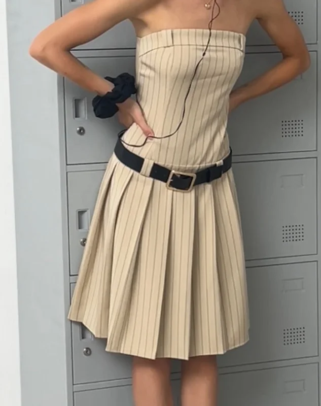 Aldari Bandeau Midi Dress in Tailoring Tan Pinstripe Comfortable Ruched Midi Dress