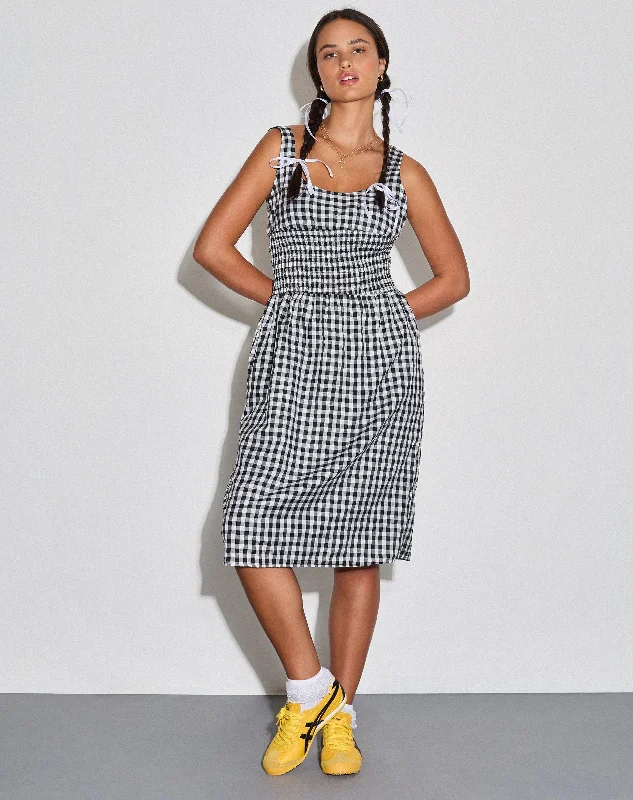 Ambrose Midi Dress in Black and White Gingham Trendy Floral Wrap Midi Dress