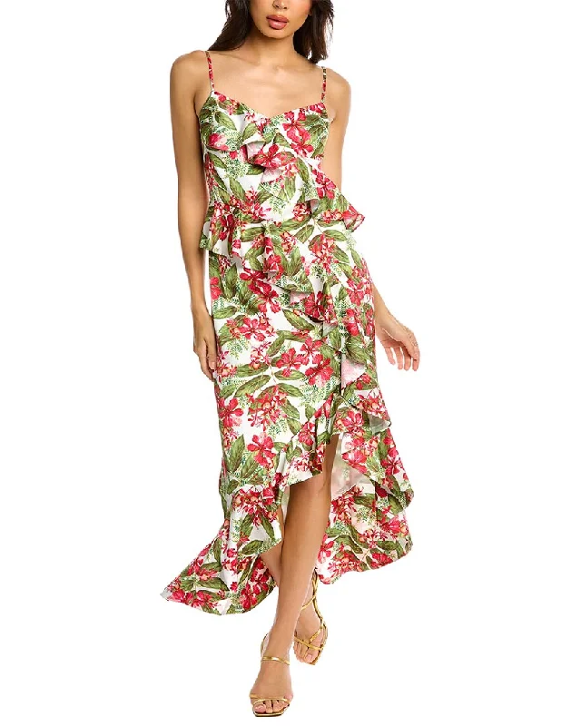 AMUR Printed Charmeuse Midi Dress Trendy Off-Shoulder Ruffle Midi Dress