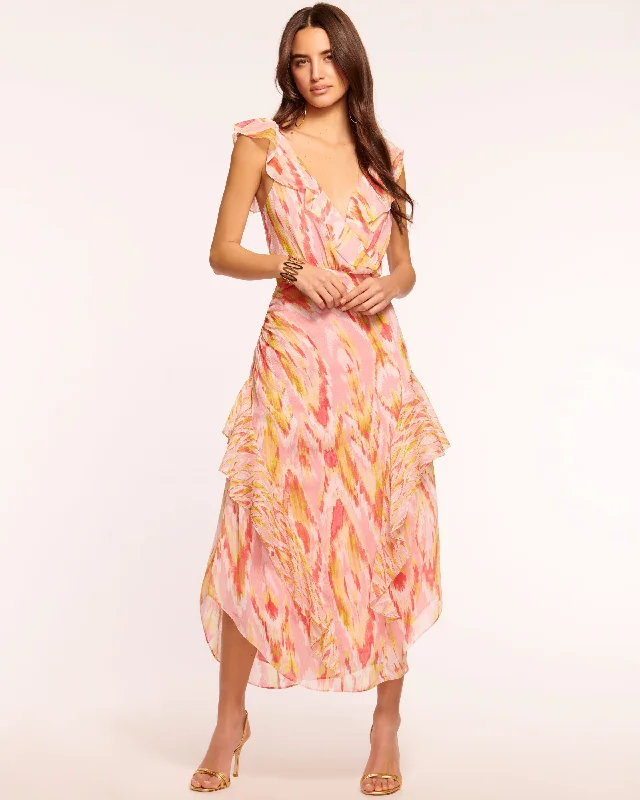 Anika V-Neck Ruffle Midi Dress Comfortable Floral Print Midi Dress