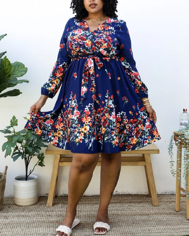 Anna Kaci Plus Size Floral Mix Print Tied Belt Waist Navy Midi Dress - Jn4736 Comfortable Fit-and-Flare Midi Dress