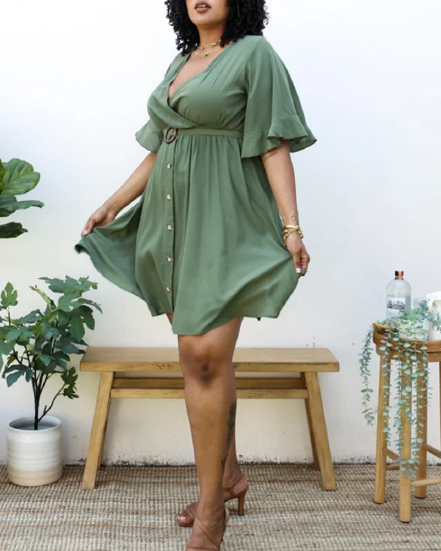 Anna Kaci Plus Size O-Ring Tied Belt Waist Butterfly Flare Sleeve Midi Dress - Jn4723 Comfortable Wrap Midi Dress