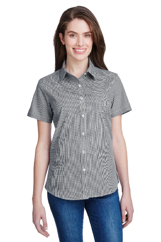 Artisan Collection Womens Microcheck Gingham Short Sleeve Button Down Shirt - Black/White Casual Short Sleeve Top