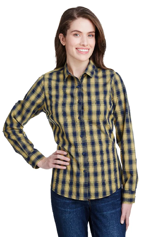 Artisan Collection Womens Mulligan Check Long Sleeve Button Down Shirt - Camel Brown/Navy Blue Casual Oversized Short Shirt