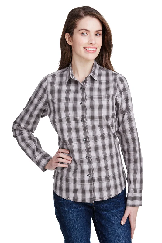 Artisan Collection Womens Mulligan Check Long Sleeve Button Down Shirt - Steel Grey/Black Relaxed Fit Short Blouse