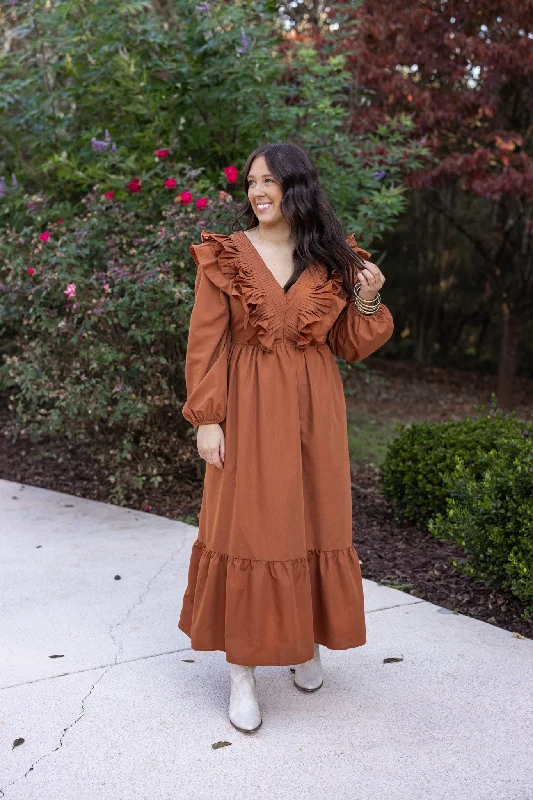 Autumn Chic Caramel Midi Dress Trendy Off-Shoulder Ruffle Midi Dress