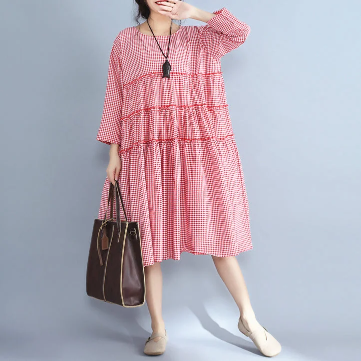 baggy red plaid pure linen dresses plus size casual patchwork o neck midi dress Trendy Boho Midi Dress