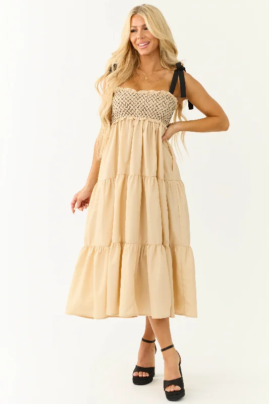 Beige Contrast Smocked Ribbon Strap Midi Dress Stylish Vintage Midi Dress