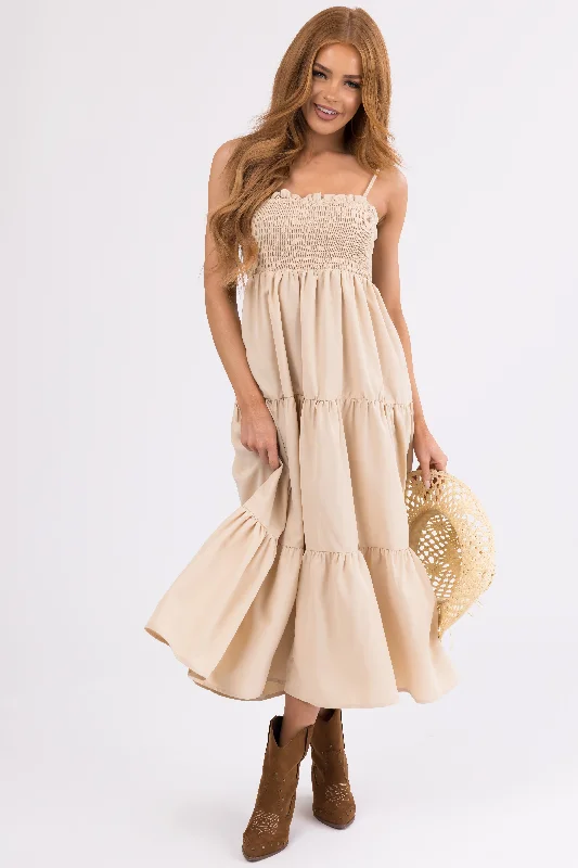 Beige Smocked Tiered Sleeveless Midi Dress Stylish Satin Midi Dress