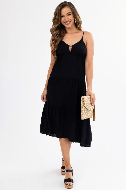 Black Sweetheart Neck Tiered Midi Dress Fashionable Fitted Midi Dress