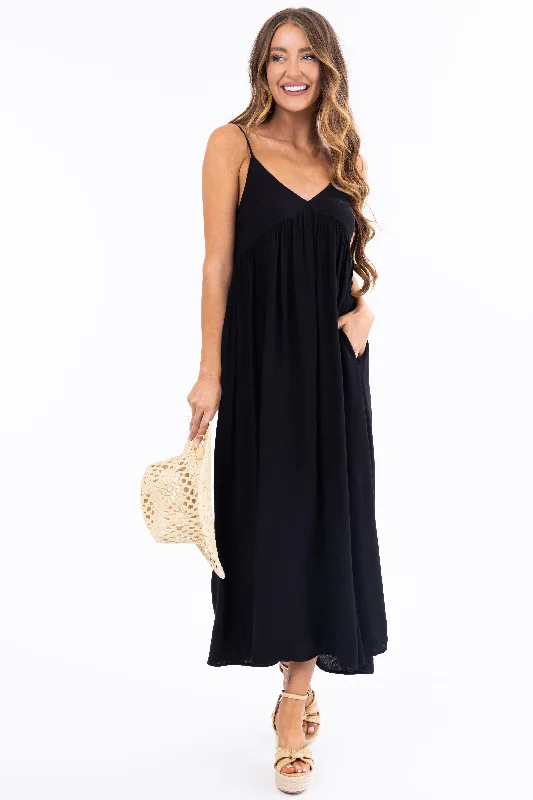 Black Woven Strapless Flowy Midi Dress Fashionable Off-Shoulder Dress Midi