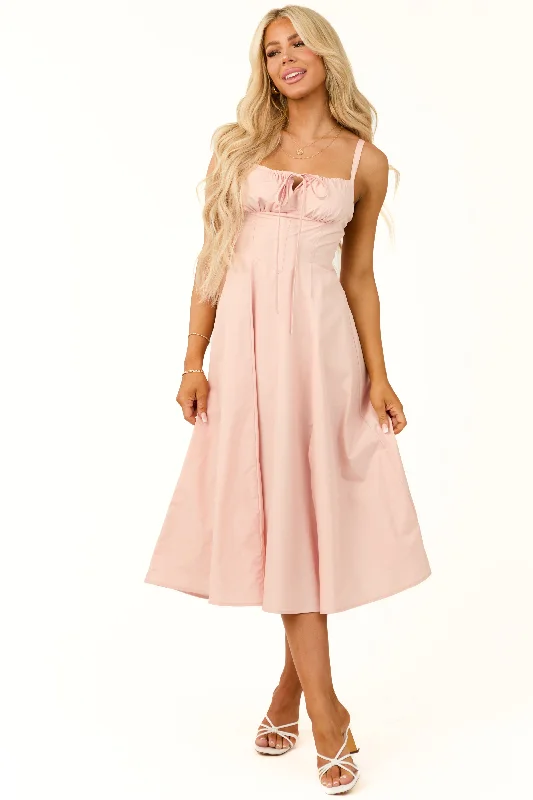 Blush Sleeveless Front Tie Smocked Midi Dress Fashionable Pleated Midi Dress