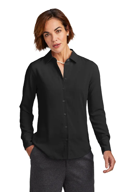 Brooks Brothers Womens Satin Anti Static Long Sleeve Button Down Shirt - Deep Black Classic Solid Short Shirt