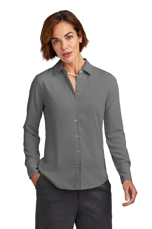 Brooks Brothers Womens Satin Anti Static Long Sleeve Button Down Shirt - Shadow Grey Relaxed Cotton Short Blouse