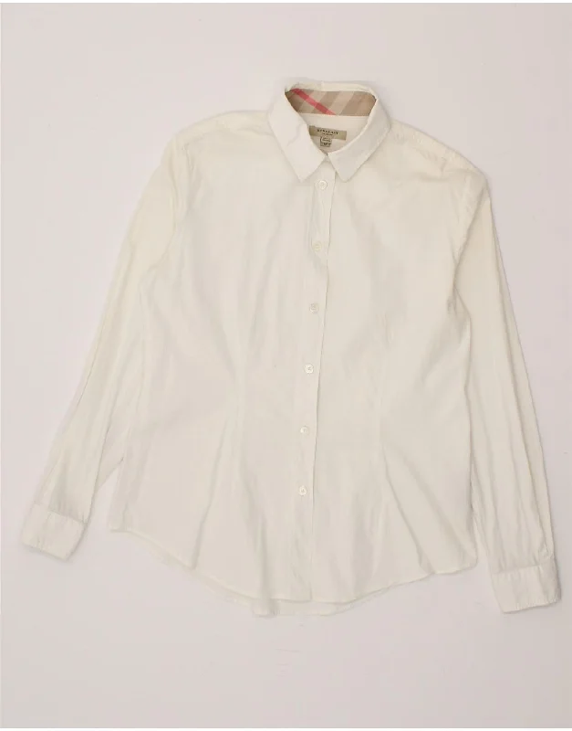 BURBERRY Womens Shirt UK 12 Medium Off White Cotton Cozy Loose Fit Short Sleeve