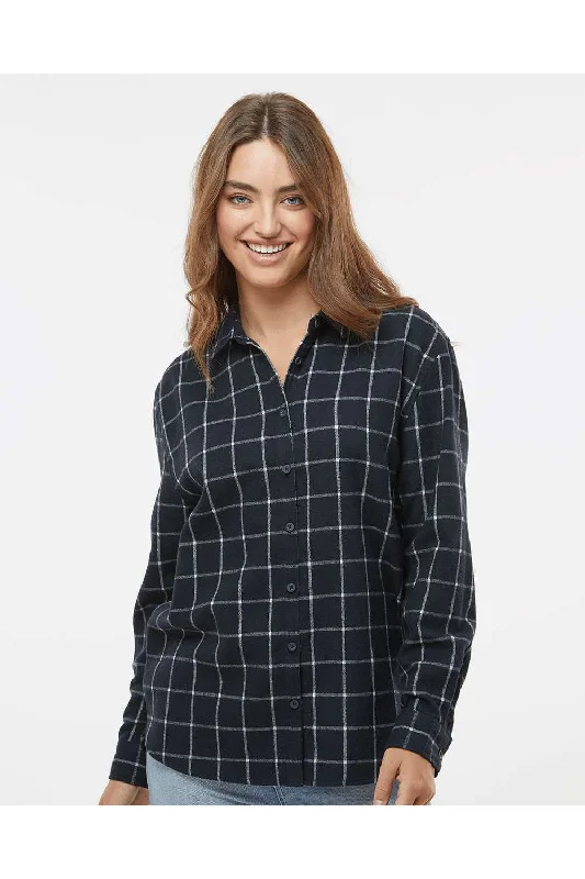 Burnside Womens Boyfriend Flannel Long Sleeve Button Down Shirt - Navy Blue/White Classic Cropped Short Sleeve