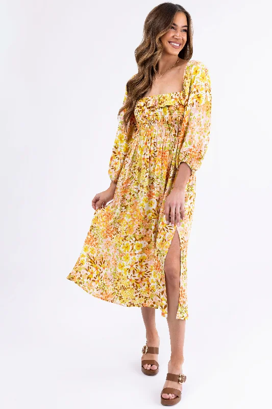 Buttercream Floral Print Smocked Midi Dress Trendy Ruffled Sleeve Midi Dress