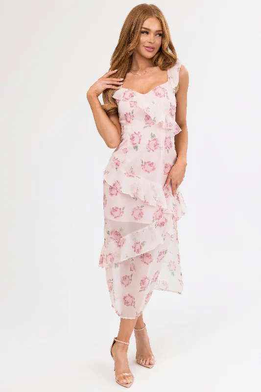 Cherry Blossom Floral Print Ruffle Midi Dress Comfortable Ribbed Midi Dress