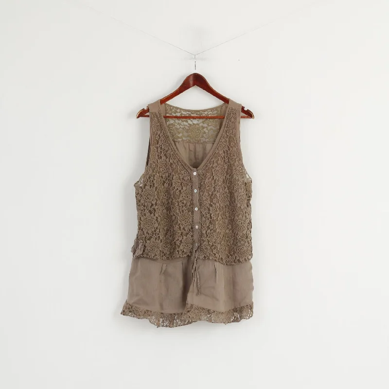 Made in Italy Women XXXL (XXL) Shirt Brown 100% Linen Lace Sleeveless Tunic Top Comfortable Fit Short Shirt