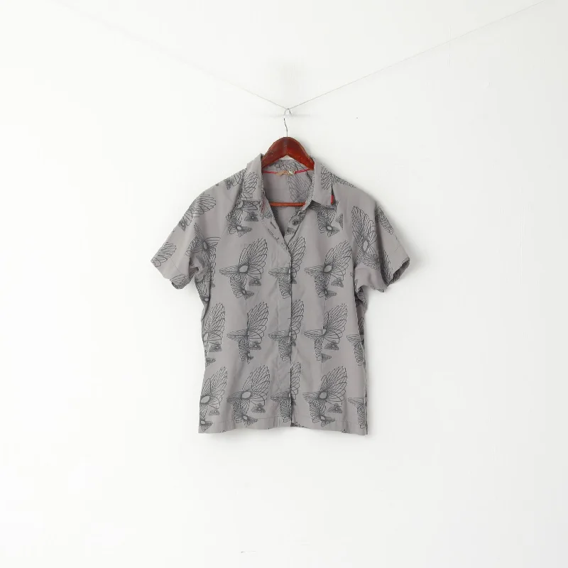 Mammut Women L Casual Shirt Gray Nylon Printed Outdoor Vintage Tourist Walk Top Classic Button-Up Short Tee