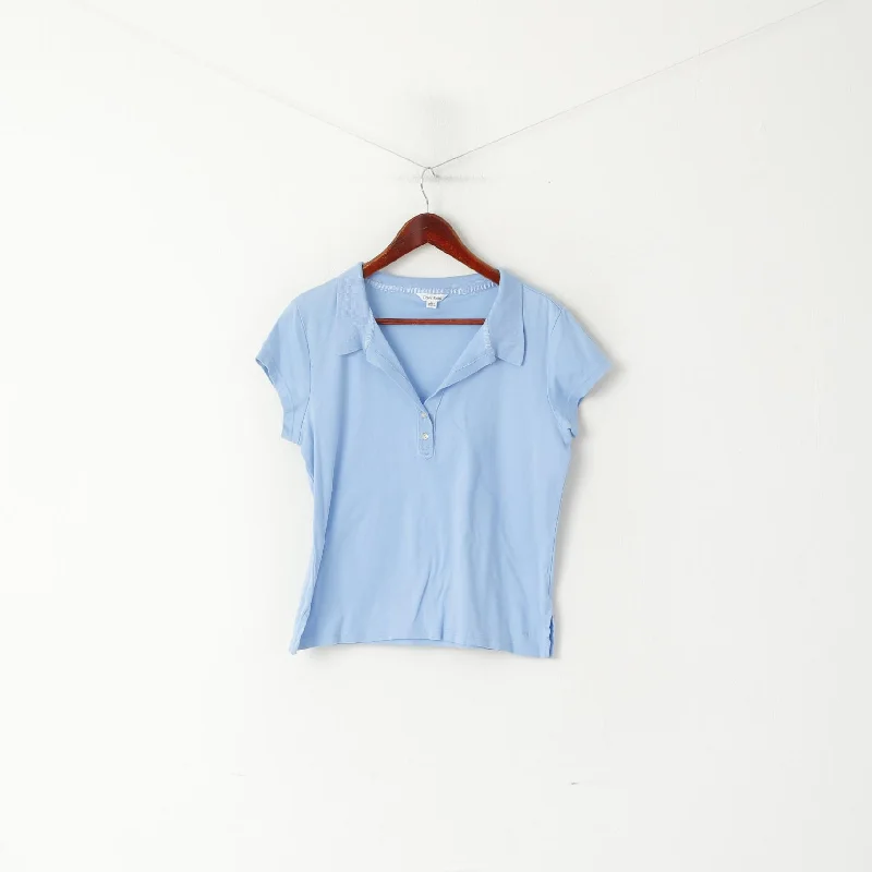 Calvin Klein Women L Polo Shirt Blue Cotton Cropped Short Sleeve Top Comfortable Pocket Short Shirt