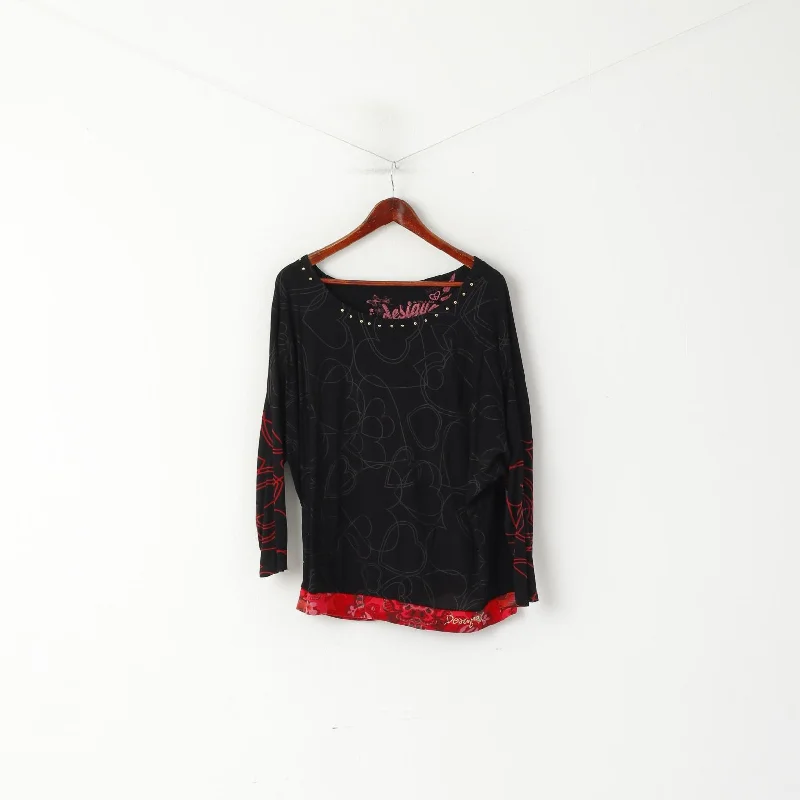 Desigual Women L Shirt Black Soft Oversize Hearts Love Print 2/3 Sleeve Top Comfortable Pocket Short Shirt