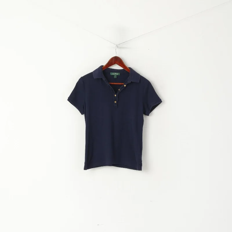 Lauren Ralph Lauren Women M Polo Shirt Navy Cotton Stretch Short Sleeve Plain Top Comfortable Loose Short Sleeve