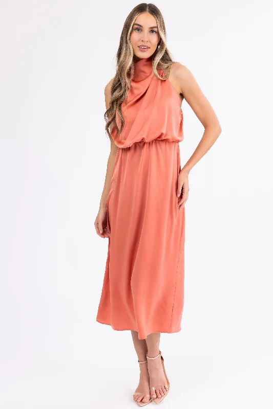 Coral Satin Halter Sleeveless Midi Dress Comfortable Fit-and-Flare Midi Dress