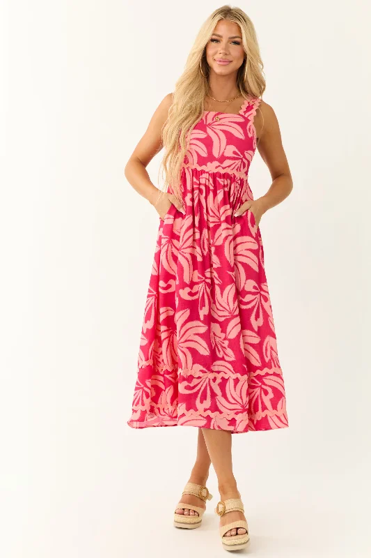 Crimson and Peach Tropical Leaf Print Midi Dress Fashionable Chiffon Midi Dress