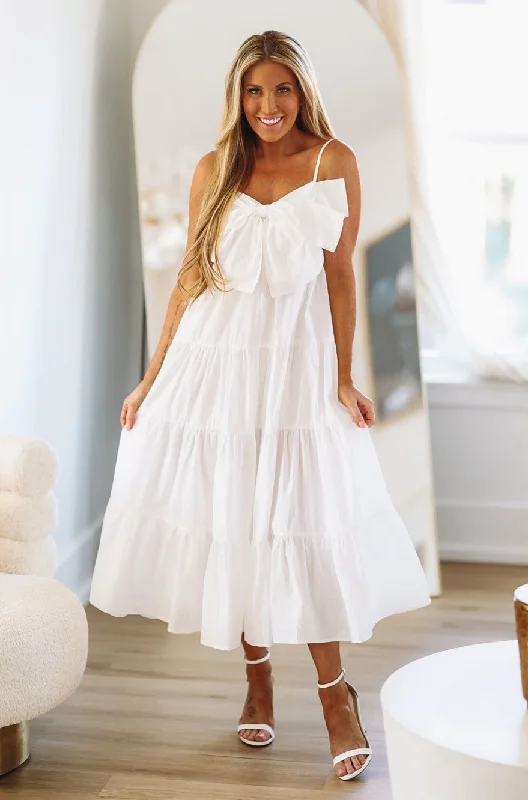 Cutie Bow Midi Dress - White Fashionable Skater Midi Dress