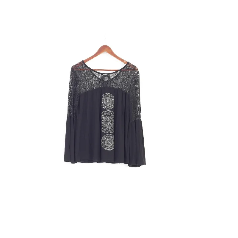 Desigual Woman L Shirt Black Long Sleeve Lace Boho Wide Sleeves Top Casual Cotton Short Shirt