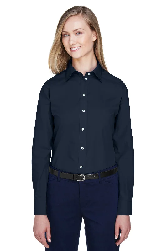 Devon & Jones Womens Crown Woven Collection Wrinkle Resistant Long Sleeve Button Down Shirt - Navy Blue Trendy Sleeveless Short Shirt