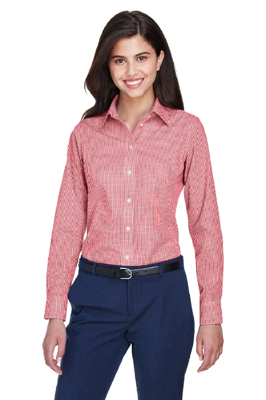 Devon & Jones Womens Crown Woven Collection Wrinkle Resistant Long Sleeve Button Down Shirt - Red Relaxed Fit Short Blouse