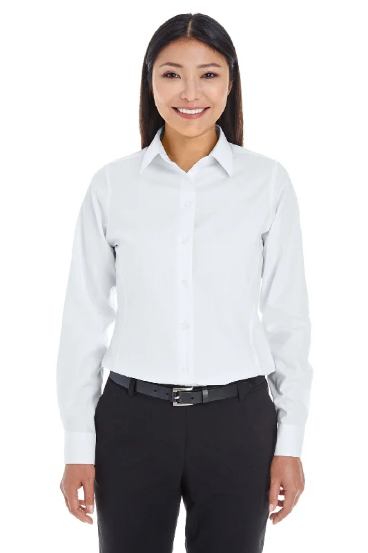 Devon & Jones Womens Crown Woven Collection Wrinkle Resistant Long Sleeve Button Down Shirt - White Stylish Crew Neck Shirt