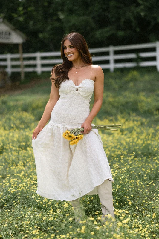 Drew Smocked Midi Dress-Ivory Comfortable Sleeveless Midi Dress