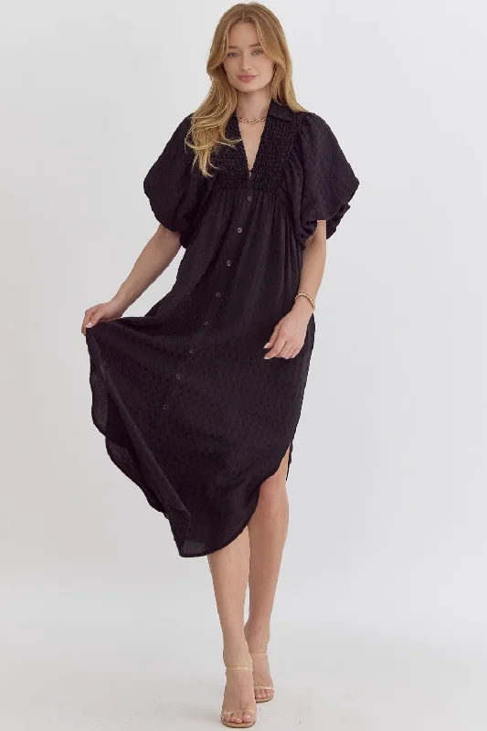 Easy Going Textured Black Midi Dress Cozy Wide Strap Midi Dress