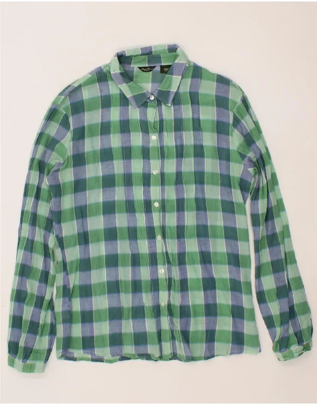 EDDIE BAUER Womens Shirt Blouse UK 14 Medium Green Gingham Cotton Casual Boxy Short Shirt