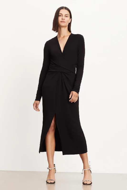 ELIANA WRAP MIDI DRESS Elegant Pleated Sleeve Midi Dress