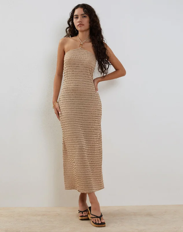 Emersyn Waffle Knit Halterneck Midi Dress in Oat Elegant Lace Trim Midi Dress