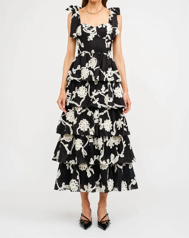 Floral Midi Dress In Black Trendy Ruffled Sleeve Midi Dress