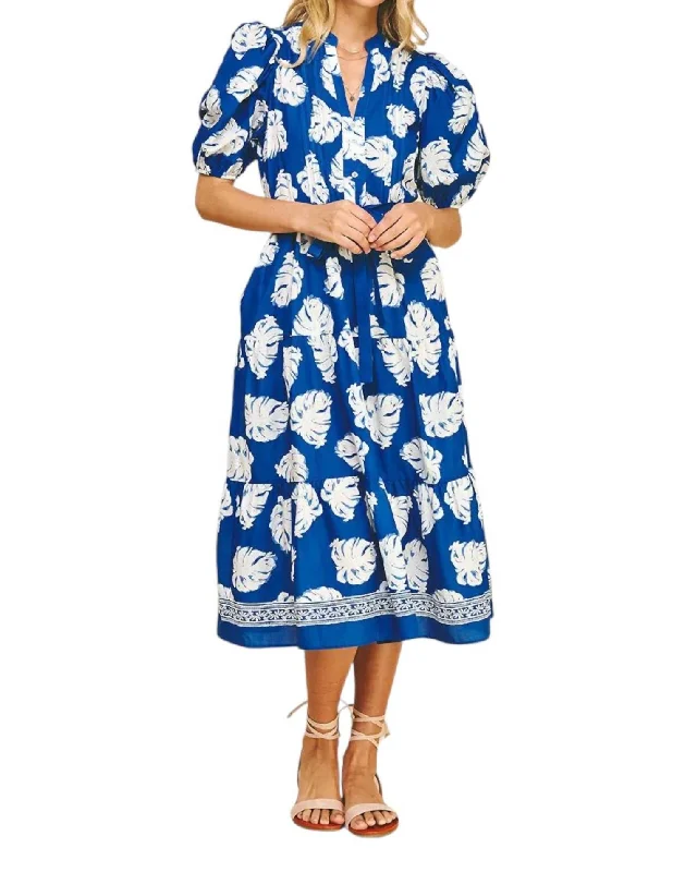 Floral Print Tiered Midi Dress In Blue Fashionable Pleated Midi Dress