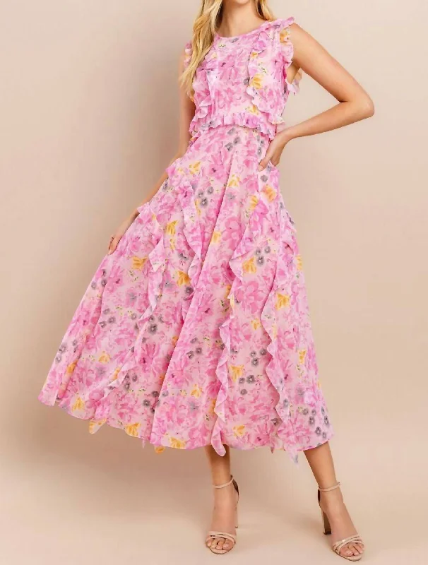 Floral Printed Midi Dress In Pink Stylish Tiered Midi Dress