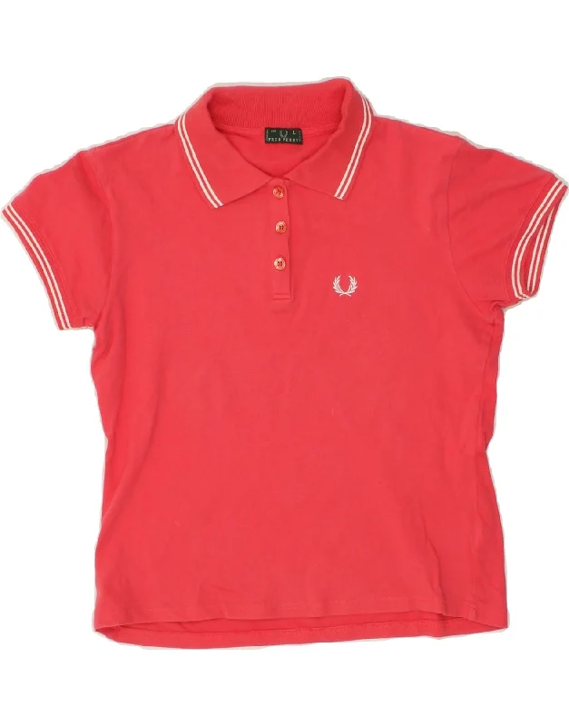 FRED PERRY Womens Polo Shirt UK 14 Large Pink Classic V-Neck Short Shirt