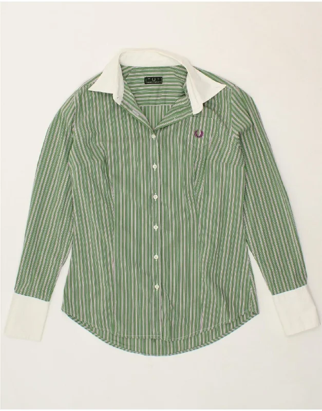 FRED PERRY Womens Shirt UK 14 Large Green Pinstripe Cozy Striped Short Sleeve